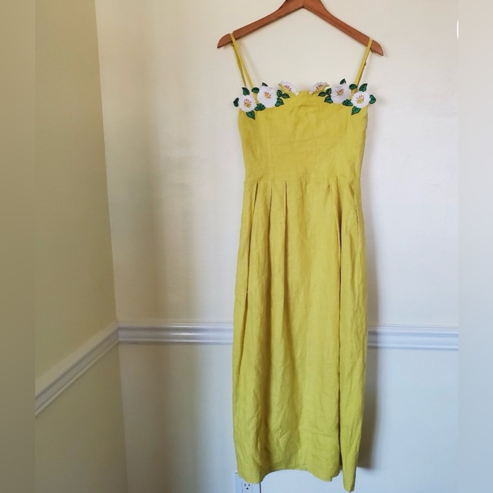 Fanm Mon Lemon Midi Dress with Floral Accents NWT
